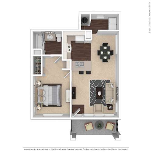 Floor Plan  A floor plan of a house with a kitchen, living room, and two bedrooms.