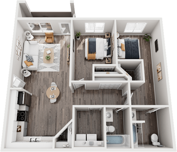 Floor Plan  A top-down view of a small, neatly organized apartment with a kitchen, living room, and bathroom.