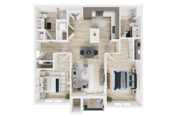 Floor Plan  A top-down view of a well-organized apartment with a living room, kitchen, and two bedrooms.