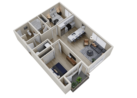 Floor Plan  A 3D floor plan of a small apartment with a kitchen, living room, and bedrooms.