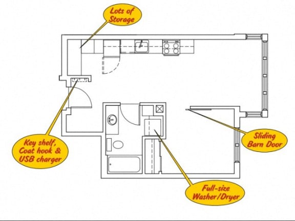 Floor Plan  a floor plan of a room with a lot of storage and a full size barn door