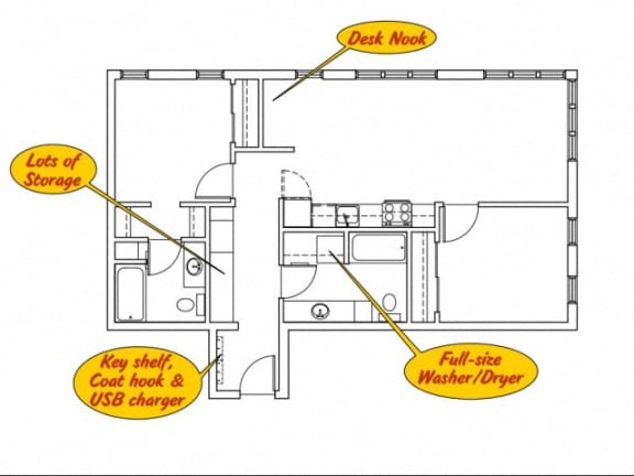 Floor Plan  a diagram of a room with a desk and a full size washer and dryer