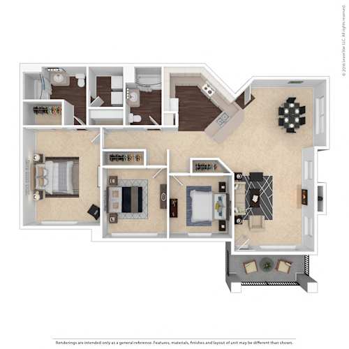 Floor Plan  A floor plan of a house with a living room, dining room, kitchen, and two bedrooms.