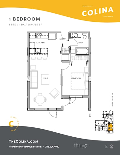 Floor Plan  A floor plan for a 1 bedroom apartment at The Colina.
