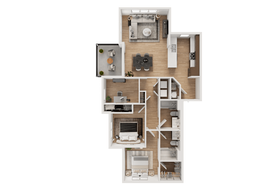 Floor Plan  A top-down view of a house layout with a kitchen, living room, two bedrooms, and a bathroom.