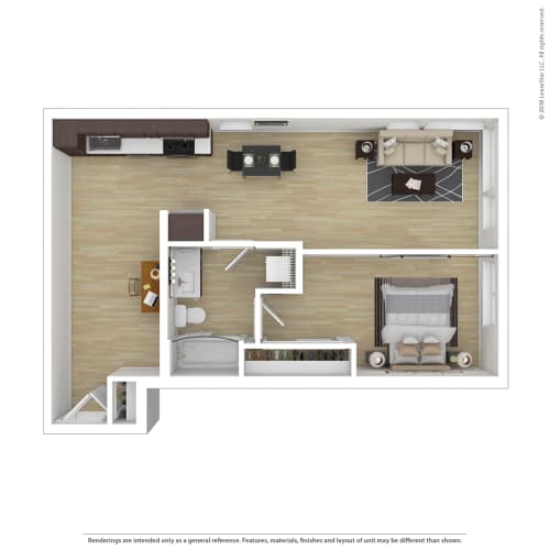 Floor Plan  a stylized floor plan of a 1 bedroom apartment