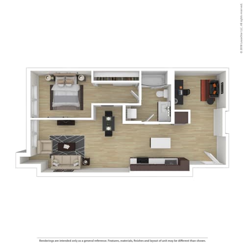 Floor Plan  a 3d floor plan of a 1 bedroom apartment