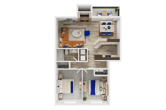 Floor Plan  A top-down view of a house layout with a kitchen, living room, and two bedrooms.