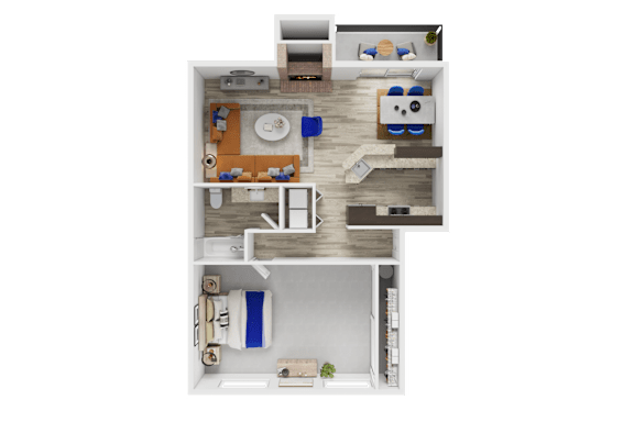 Floor Plan  A 3D floor plan of a small apartment with a kitchen, living room, and bathroom.