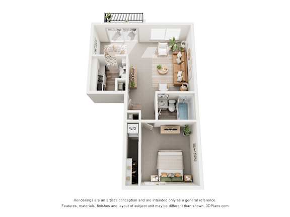 Floor Plan  A 3D floor plan of a small apartment with a kitchen, living room, and bathroom.