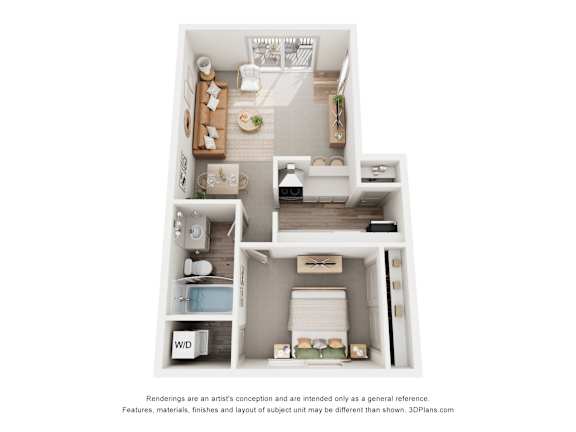 Floor Plan  A 3D floor plan of a small apartment with a kitchen, living room, and bathroom.