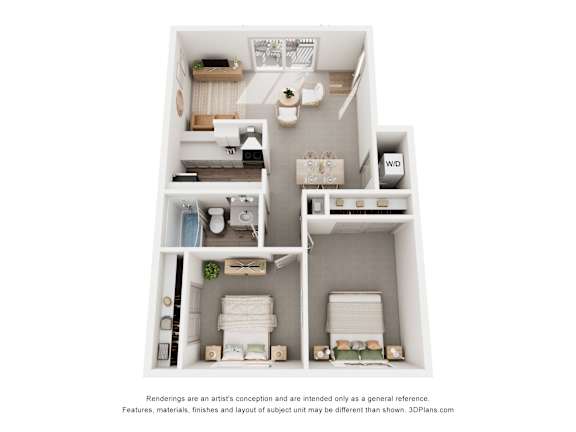 Floor Plan  A 3D floor plan of a small apartment with a kitchen, living room, and bedroom.