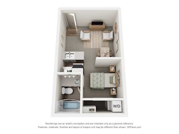 Floor Plan  A 3D floor plan of a small apartment with a kitchen, living room, and bathroom.