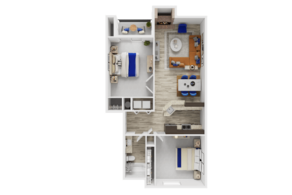 Floor Plan  A top-down view of a small apartment layout with a kitchen, living room, and bedrooms.