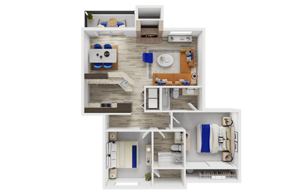 Floor Plan  A top-down view of a small apartment layout with a kitchen, living room, and bedrooms.