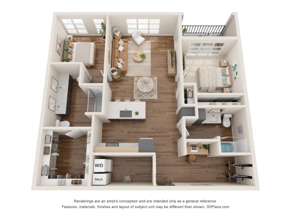 Floor Plan  a stylized floor plan of a 1 bedroom apartment