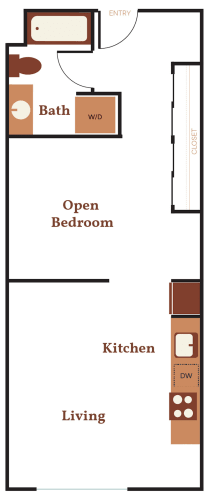 Floor Plan  a floor plan of a kitchen with an open bedroom and a living room