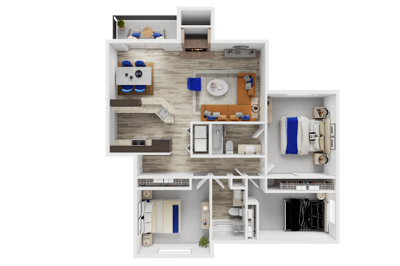 Floor Plan  A detailed 3D floor plan of a house showing all rooms and their furnishings.