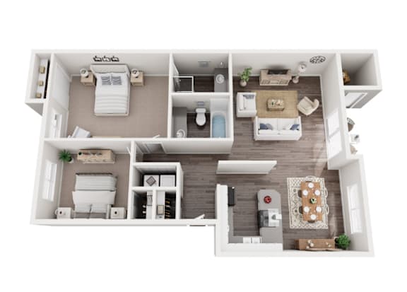 Floor Plan  A top-down view of a small apartment with a kitchen, living room, and bedroom.