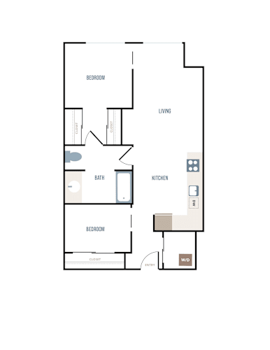 Floor Plan  A floor plan of a house with a living room, two bedrooms, a bathroom, a kitchen, and a garage.