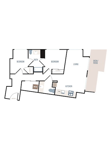 Floor Plan  A floor plan of a house with two bedrooms, a living room, a kitchen, a bath, a study, and a deck/patio.