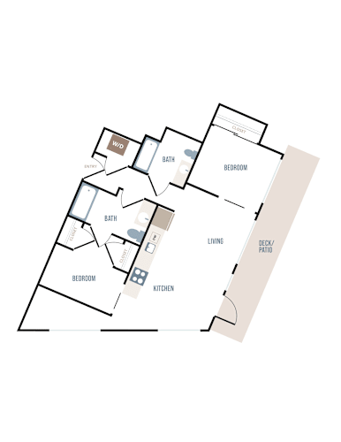 Floor Plan  A floor plan of a house with a living room, kitchen, two bedrooms, and two bathrooms.