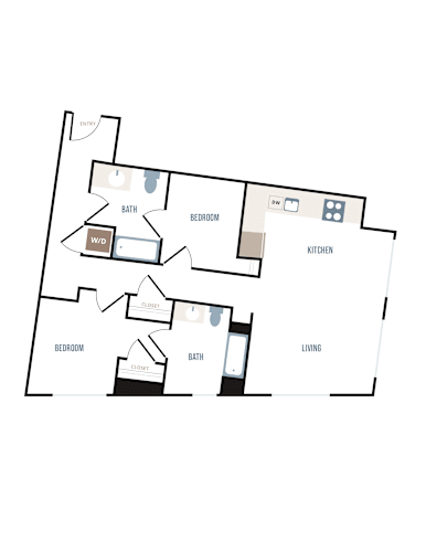 Floor Plan  A floor plan of a house with a living room, two bedrooms, a bathroom, and a kitchen.