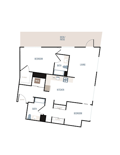 Floor Plan  A floor plan of a house with a living room, kitchen, two bathrooms, and two bedrooms.