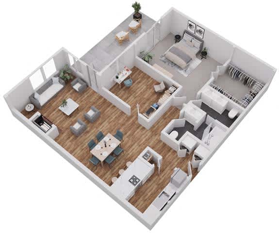 Floor Plan  A 3D floor plan of a house with a living room, dining room, kitchen, and bedrooms.