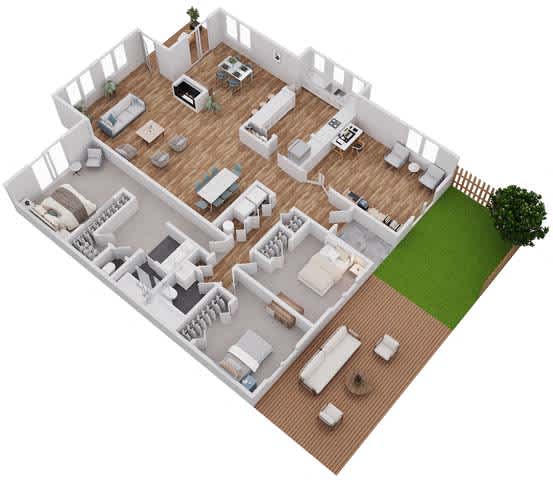 Floor Plan  A 3D floor plan of a house with a green lawn.