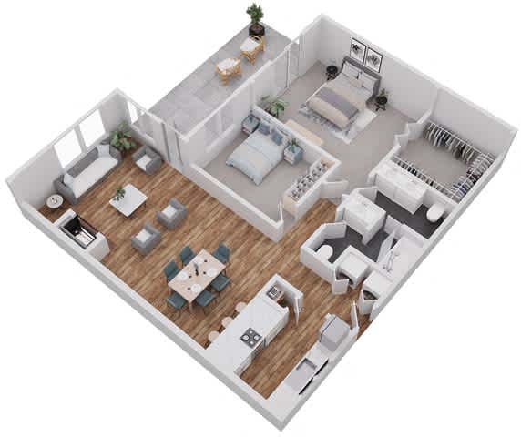 Floor Plan  A 3D floor plan of a house with a living room, dining room, kitchen, and two bedrooms.