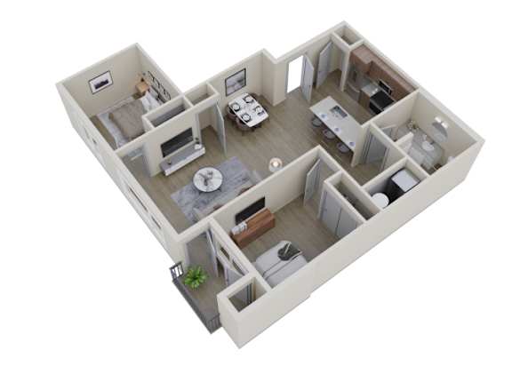 Floor Plan  A 3D image of a house layout with a living room, kitchen, dining room, and bedrooms.