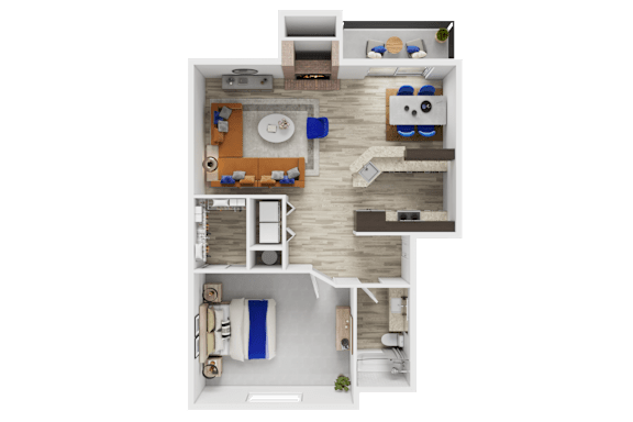 Floor Plan  A top-down view of a house layout with a kitchen, living room, and bedrooms.