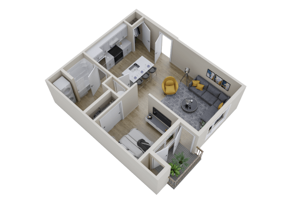 Floor Plan  a 3d floor plan of a home with a kitchen and a living room