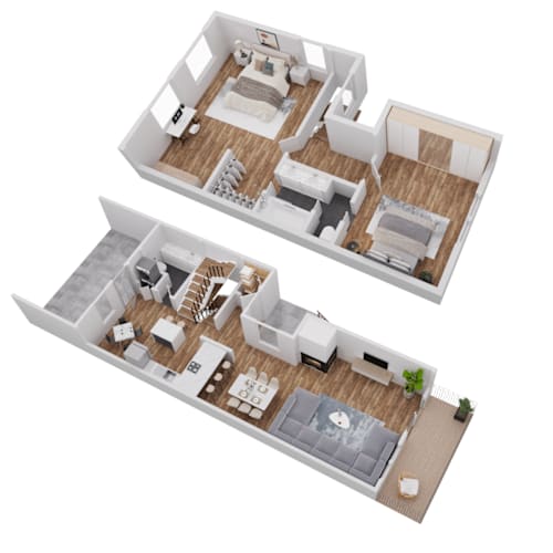 Floor Plan  A 3D floor plan of a two-story apartment.