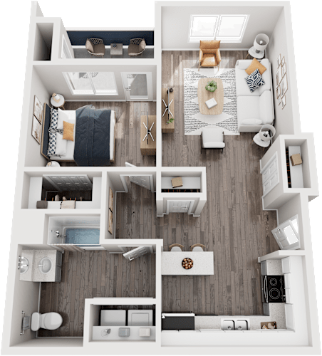 Floor Plan  A top-down view of a modern apartment layout with a living room, kitchen, and bedrooms.
