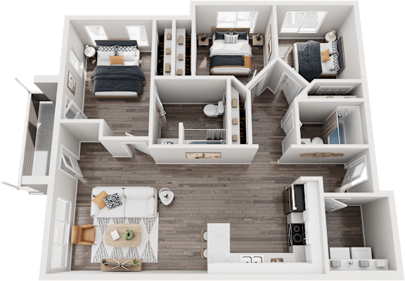 Floor Plan  A top-down view of a modern apartment layout with a living room, kitchen, and multiple bedrooms.