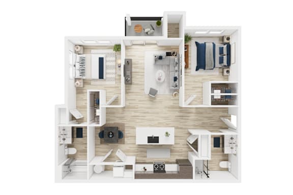 Floor Plan  A top down view of a small apartment with a kitchen, living room, and bedroom.