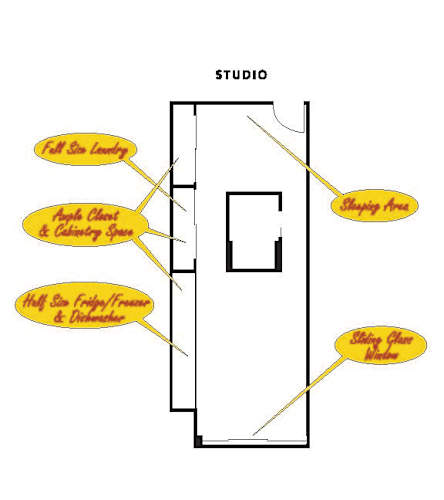 Floor Plan  a diagram of a studio door with bubbles around it