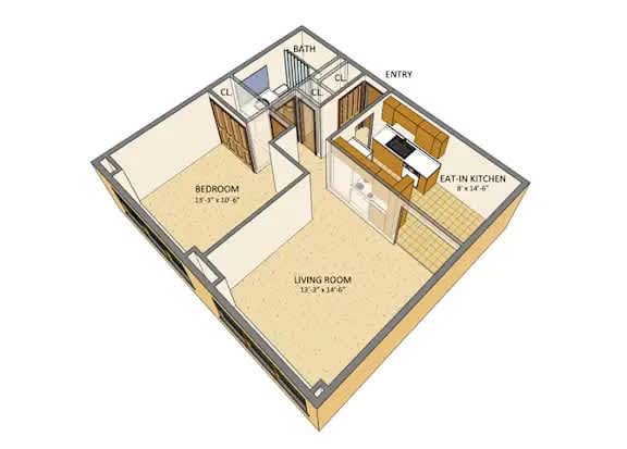 Floor Plan  A diagram of a small house layout with a living room, bedroom, and kitchen.
