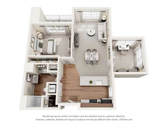 Floor Plan  A 3D floor plan of a house with a kitchen, living room, and bedrooms.