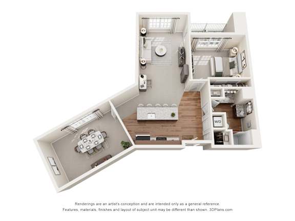Floor Plan  A 3D floor plan of a house with a kitchen, living room, and dining area.