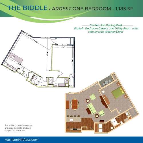Floor Plan  A floor plan for the largest one bedroom apartment at The Biddle, measuring 1,183 square feet.
