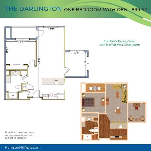 Floor Plan  A floor plan for a one bedroom apartment with den at 899 SF.