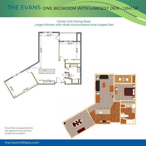 Floor Plan  A floor plan for a one bedroom apartment with the largest den at The Evans.