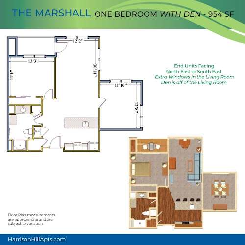Floor Plan  A floor plan for a one bedroom apartment with den is shown.