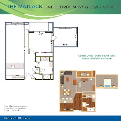 Floor Plan  A floor plan for a one bedroom apartment with a den is shown.