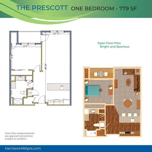Floor Plan  A floor plan for a one bedroom apartment at The Prescott.