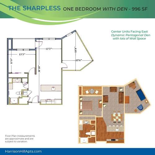 Floor Plan  A floor plan for a one bedroom apartment with a den is shown.