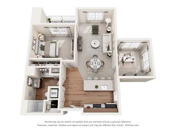 Floor Plan  A 3D floor plan of a house with a kitchen, living room, and bathroom.